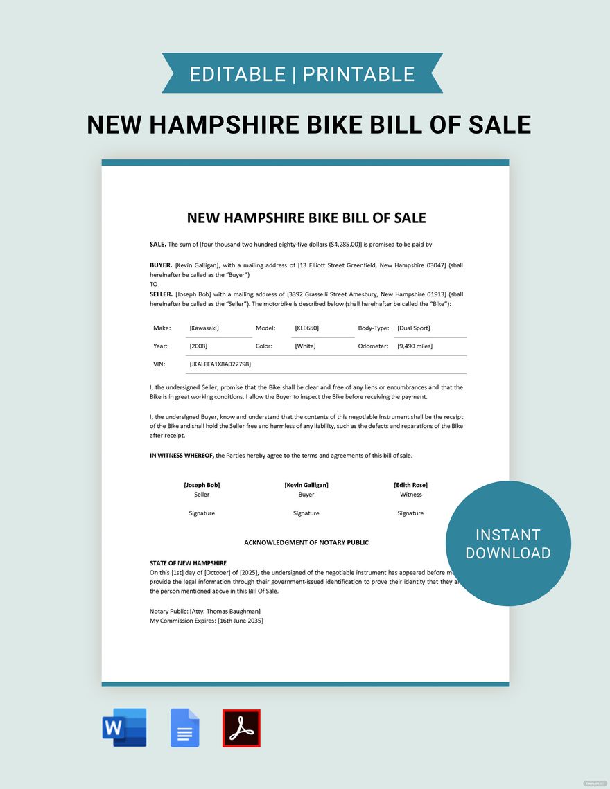 New Hampshire Bike/ Bicycle Bill of Sale Template in Word, Google Docs, PDF
