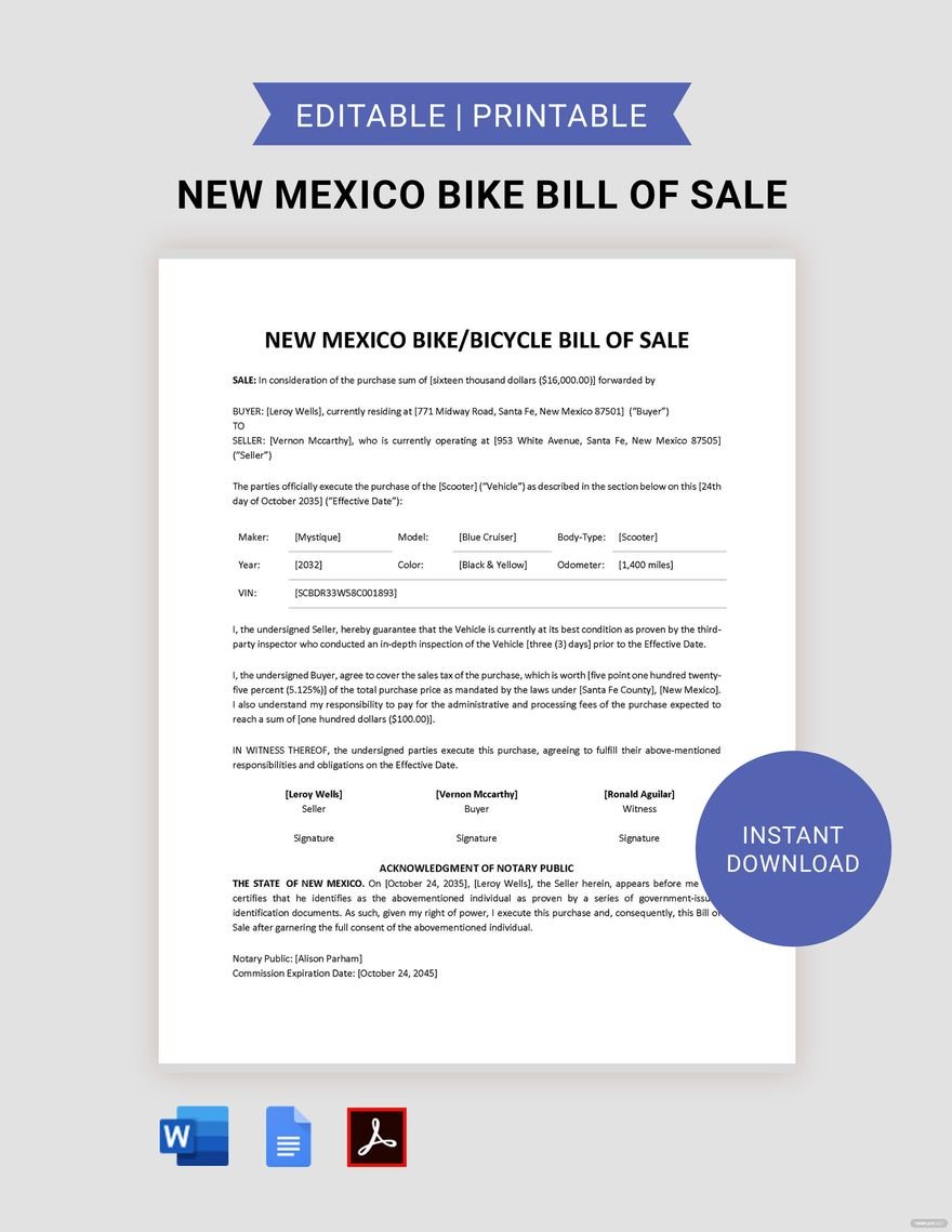 New Mexico Bike/ Bicycle Bill of Sale Template in Word, Google Docs, PDF