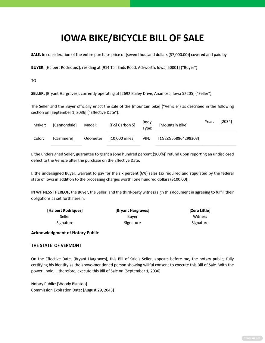 Iowa Bike/ Bicycle Bill of Sale Template in Word, Google Docs, PDF