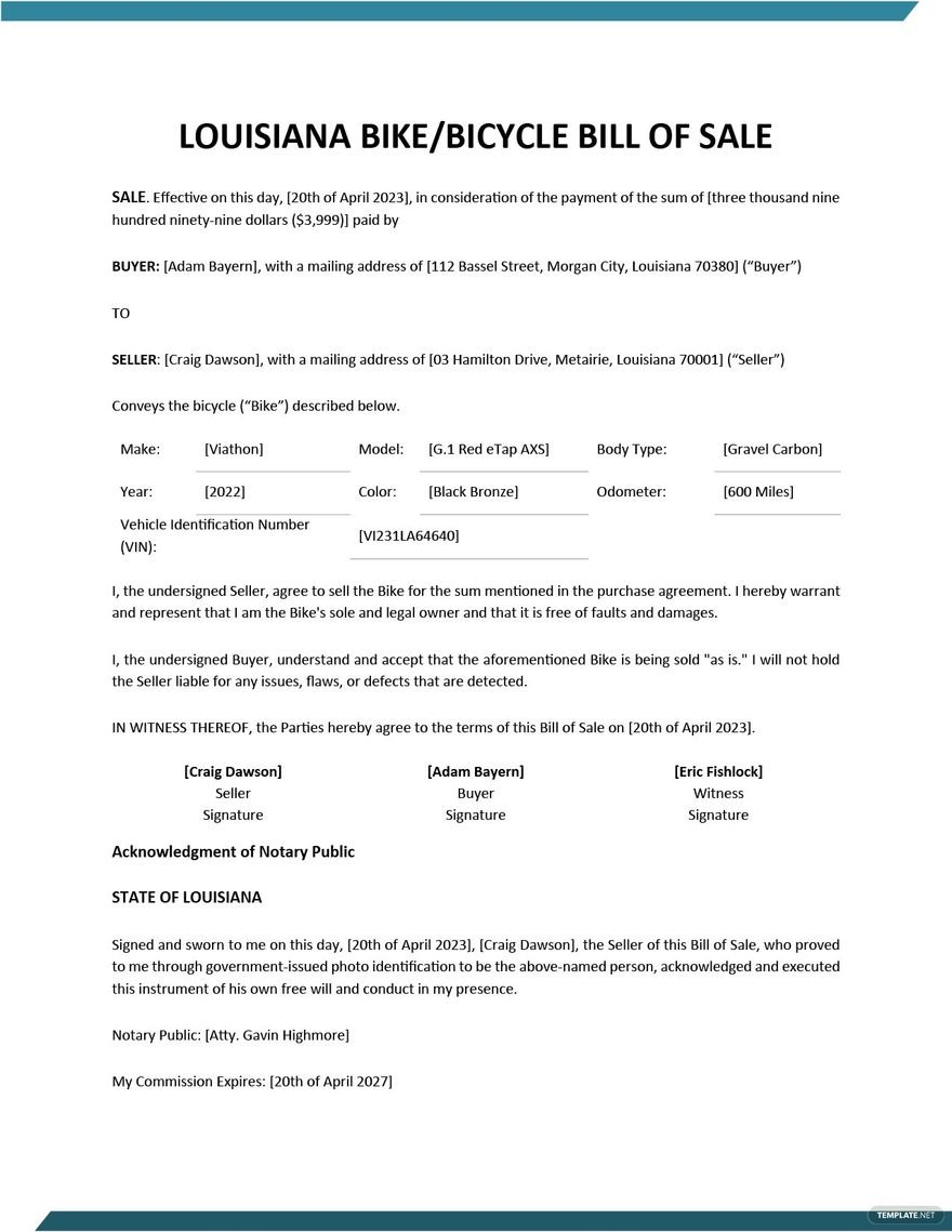 Louisiana Bike/ Bicycle Bill of Sale Template