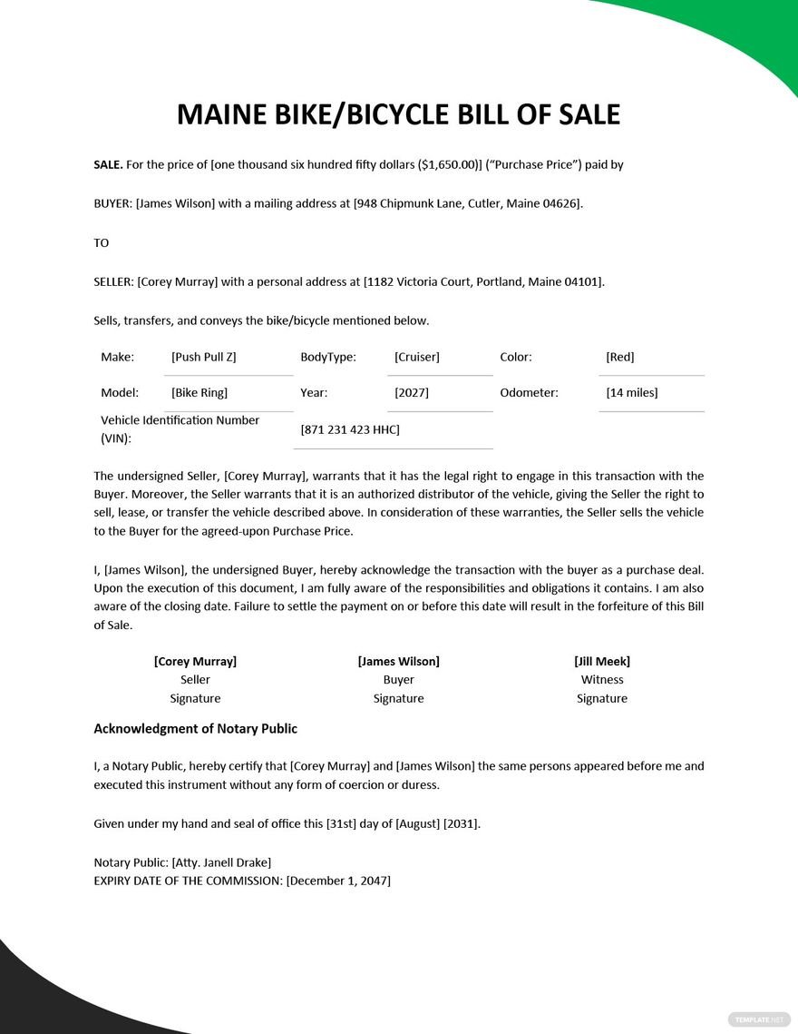 Maine Bike/ Bicycle Bill of Sale Template in Word, Google Docs, PDF