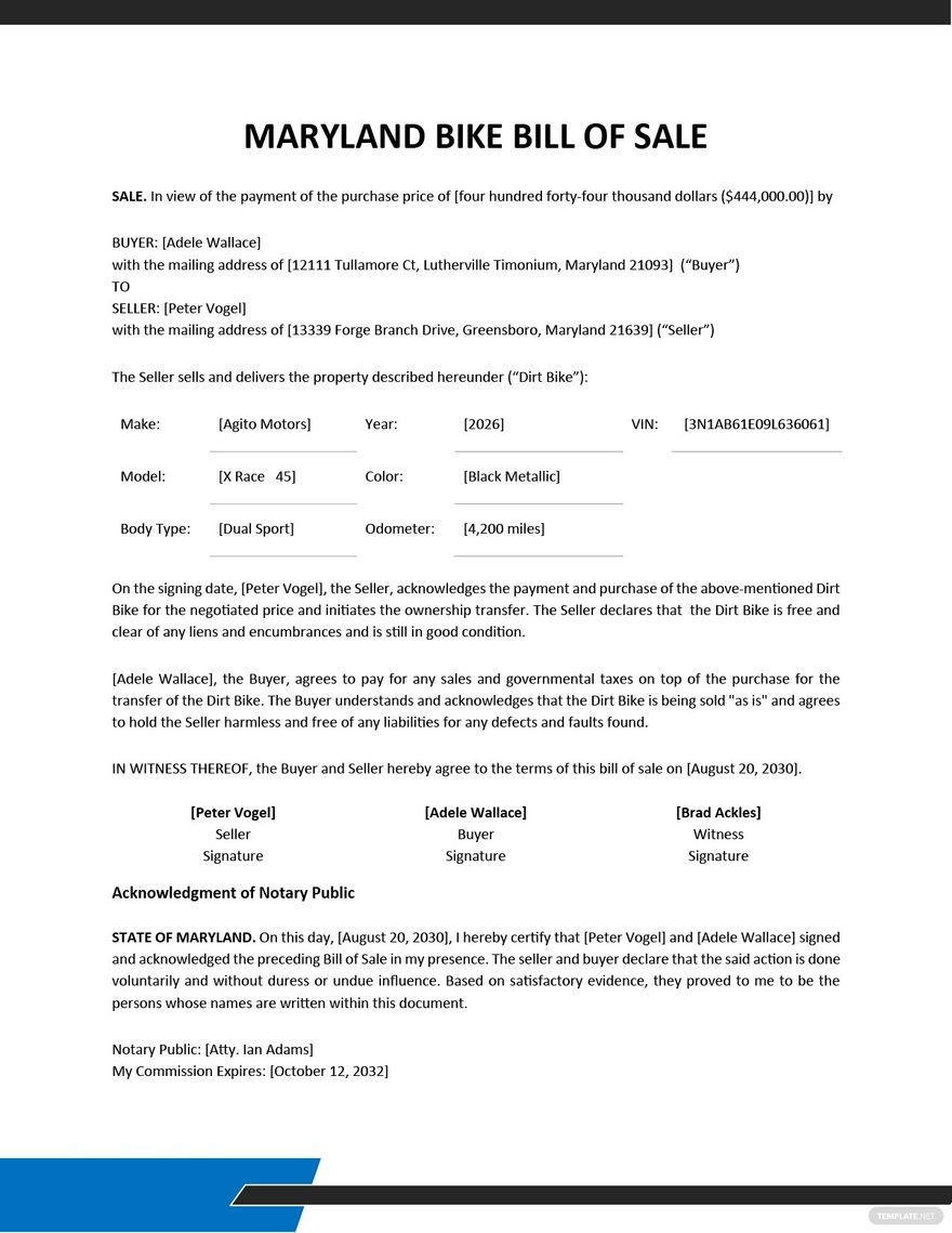 Maryland Bike/ Bicycle Bill of Sale Template in Word, Google Docs, PDF