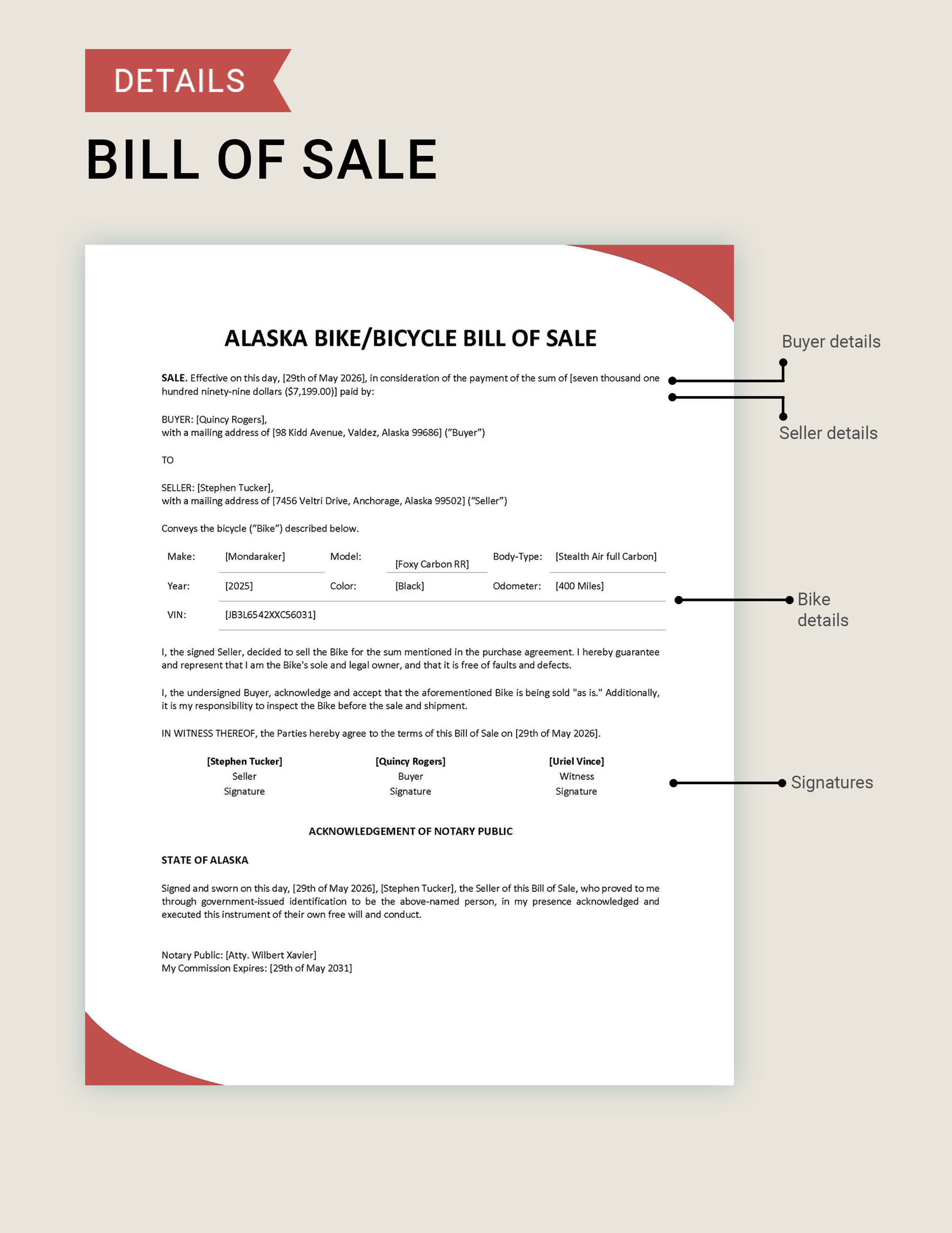 Alaska Bike/ Bicycle Bill of Sale Template