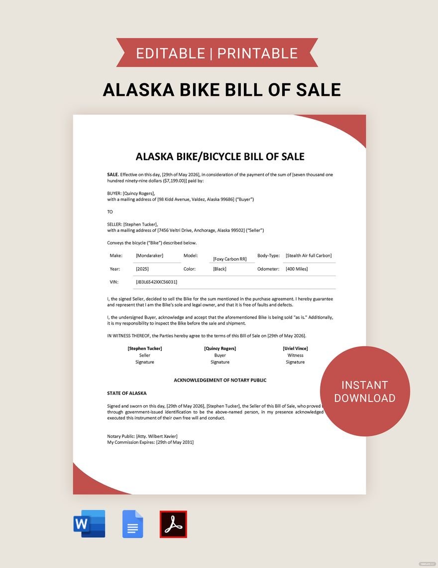 Alaska Bike/ Bicycle Bill of Sale Template in Word, Google Docs, PDF