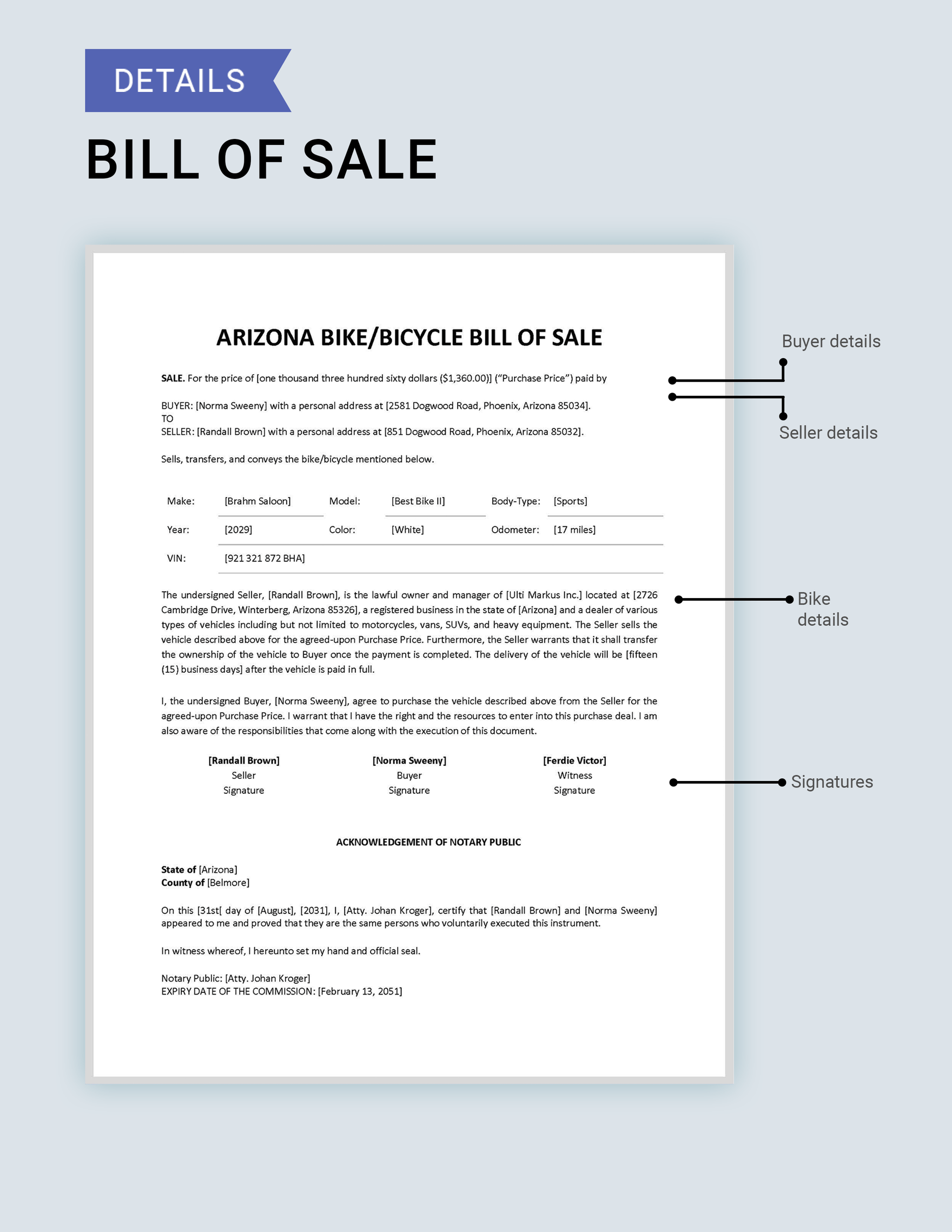 Arizona Bike/ Bicycle Bill of Sale Form Template