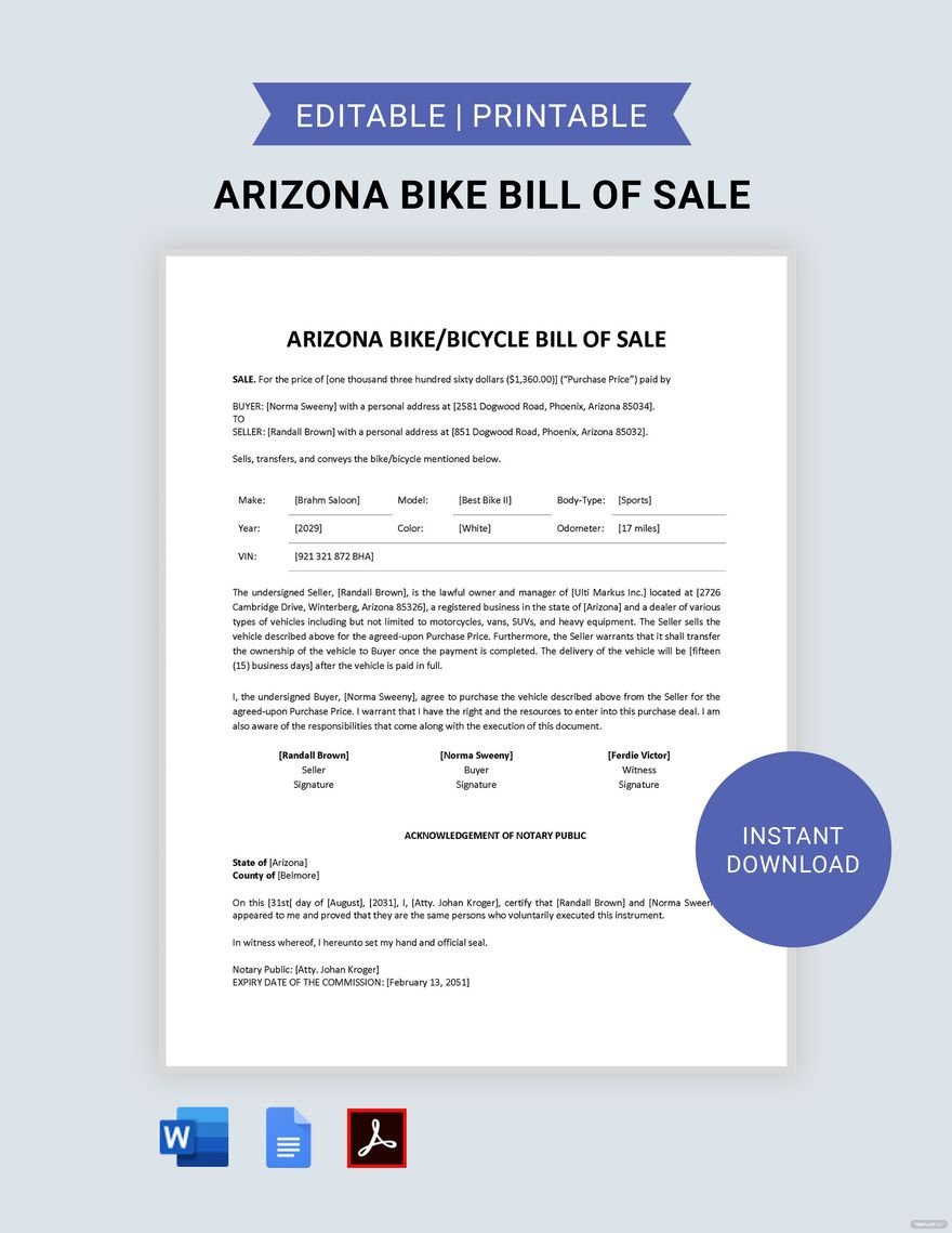 Free Arizona Bike/ Bicycle Bill of Sale Form Template in Word, Google Docs, PDF