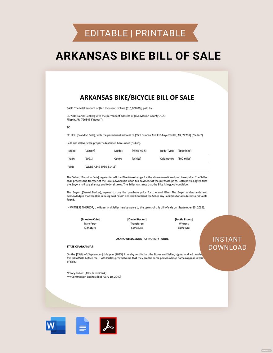 Arkansas Bike/ Bicycle Bill of Sale Template in Word, Google Docs, PDF