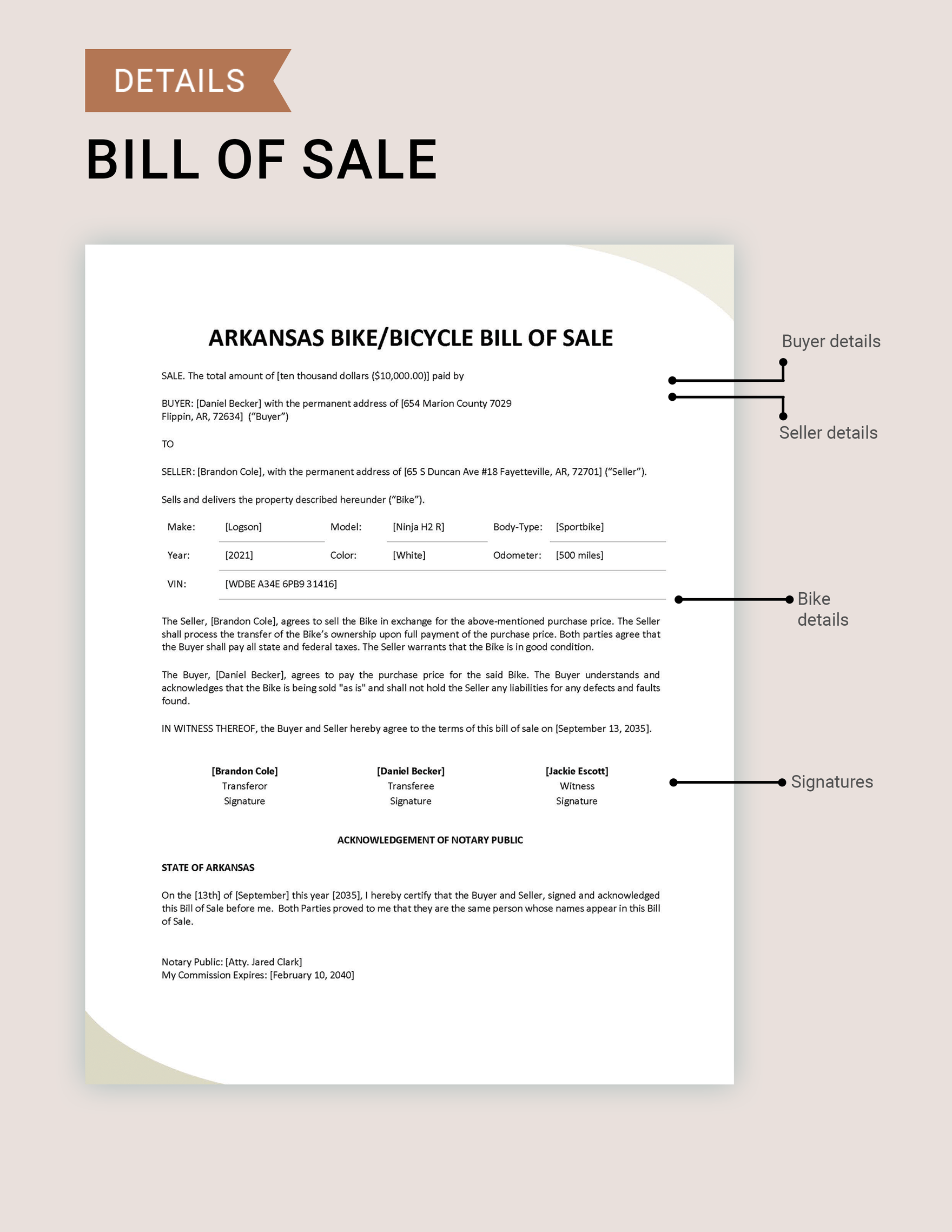 Arkansas Bike/ Bicycle Bill of Sale Template