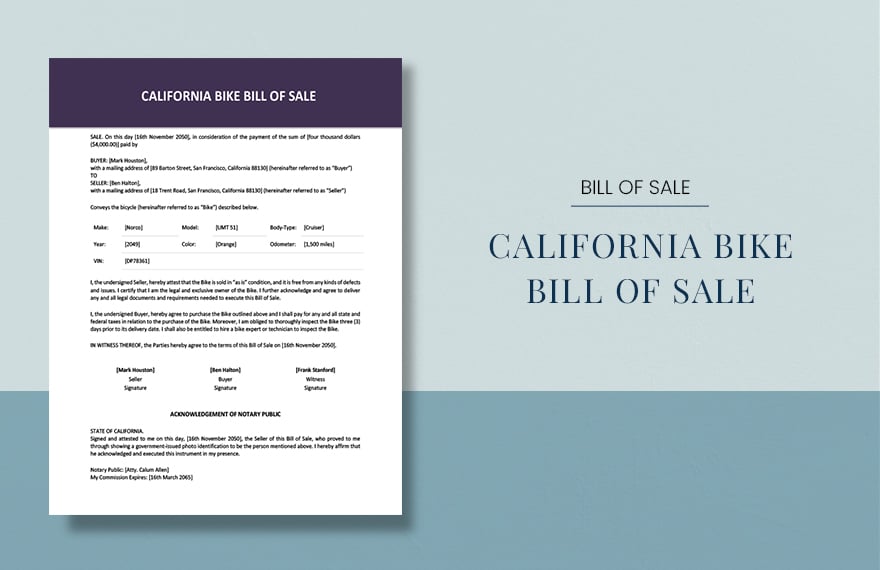 California Bike/ Bicycle Bill of Sale Template in Word, Google Docs, PDF