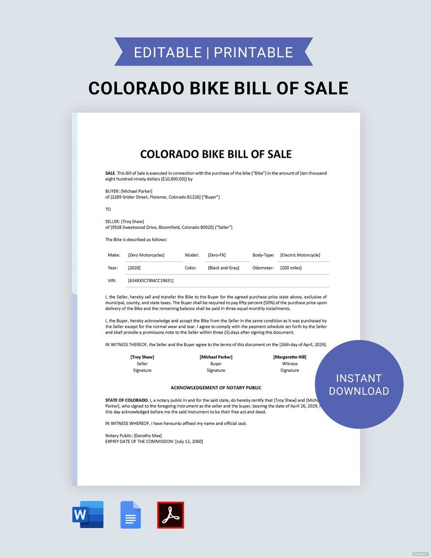 Colorado Bike/ Bicycle Bill of Sale Template in Word, Google Docs, PDF