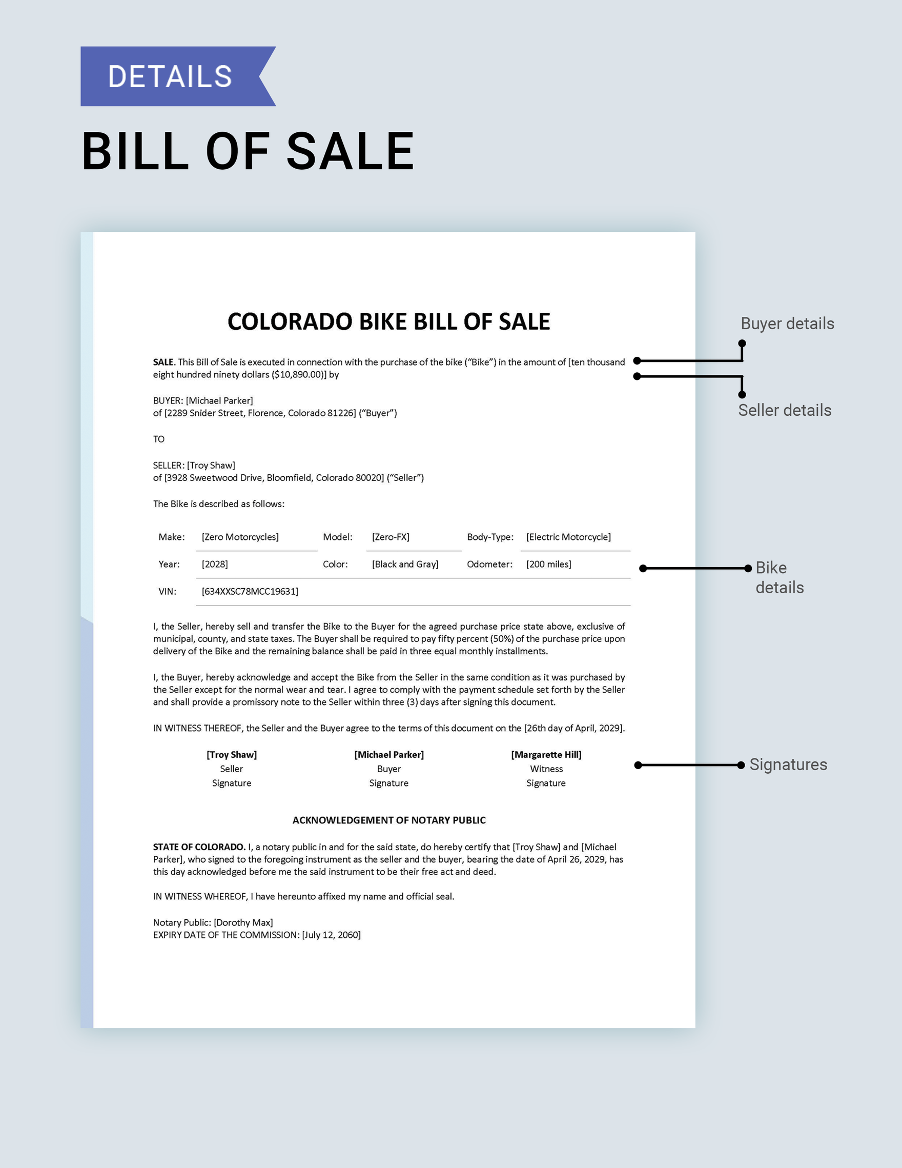 Colorado Bike/ Bicycle Bill of Sale Template