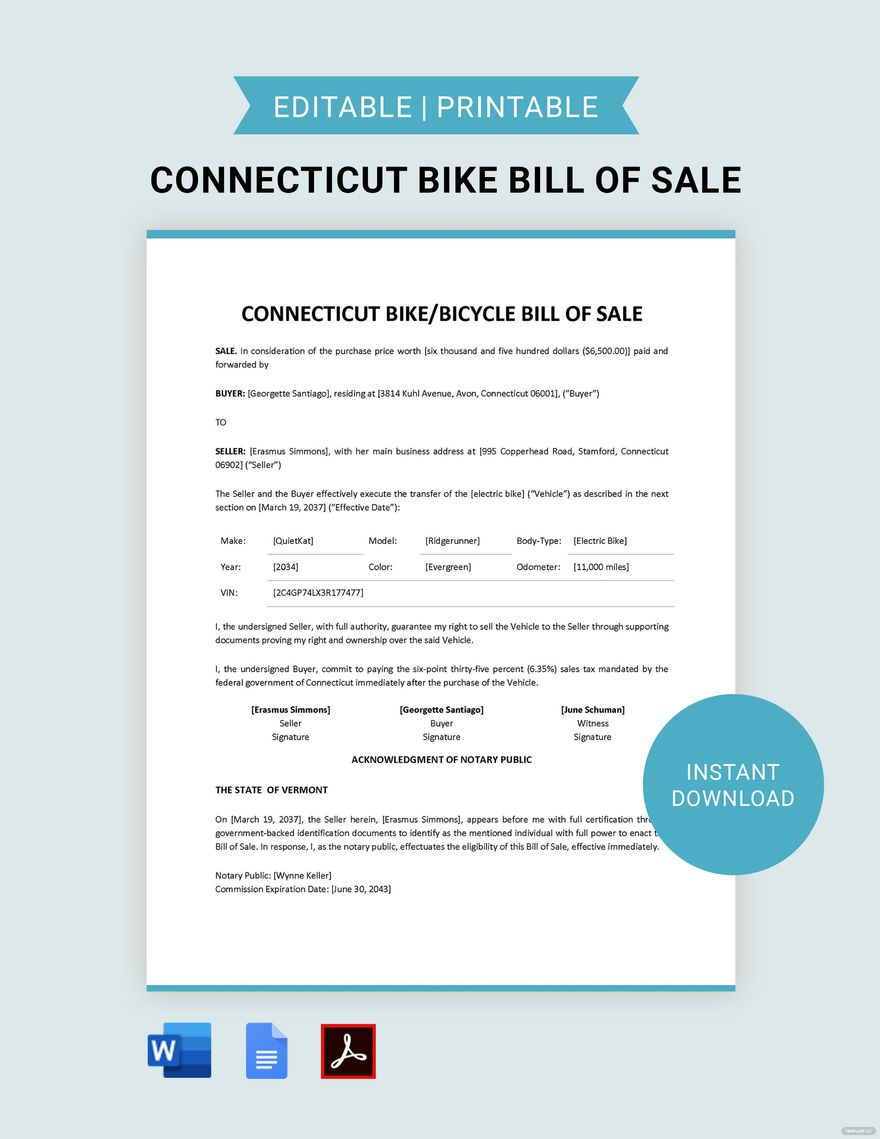 Connecticut Bike/ Bicycle Bill of Sale Template in Word, Google Docs, PDF