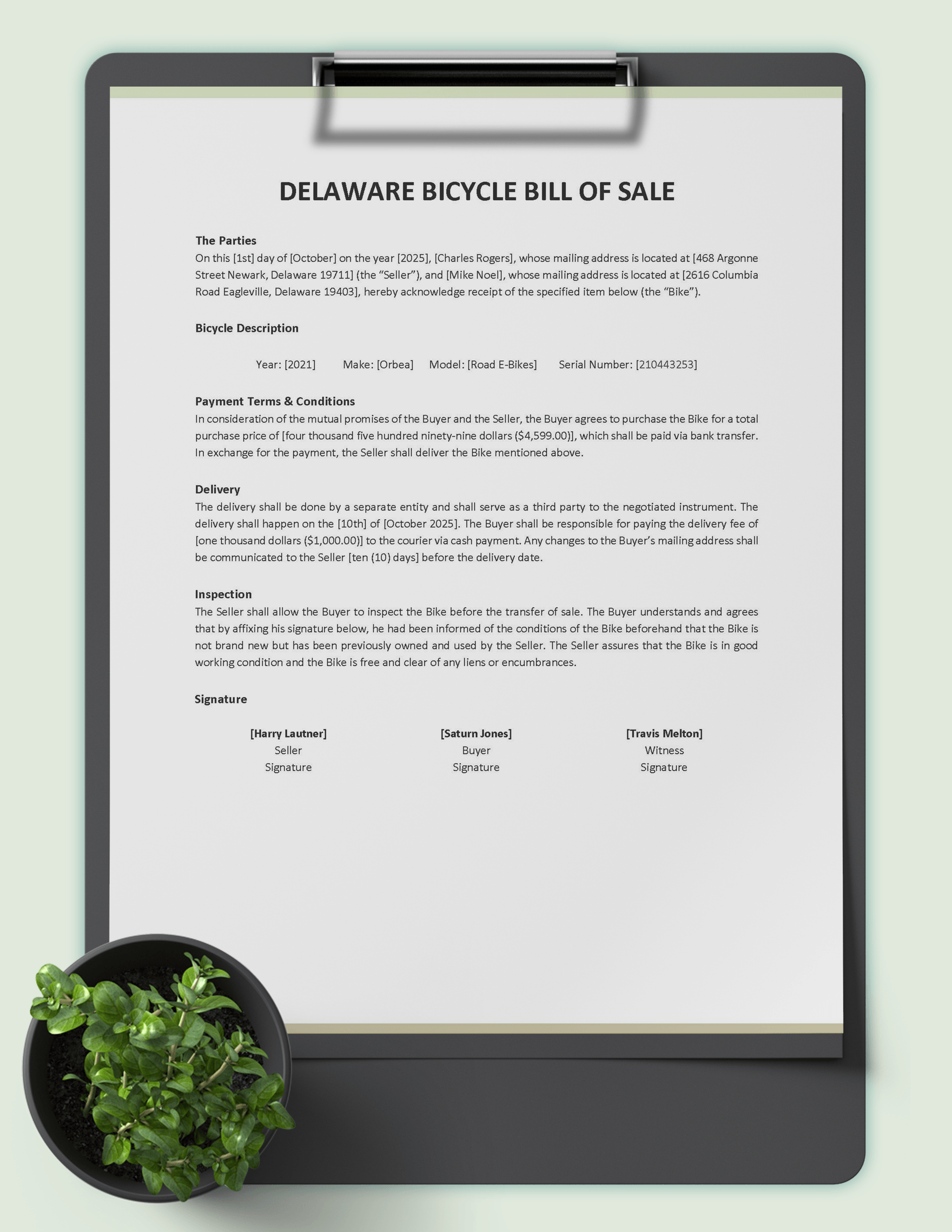 Delaware Bike/ Bicycle Bill of Sale Template