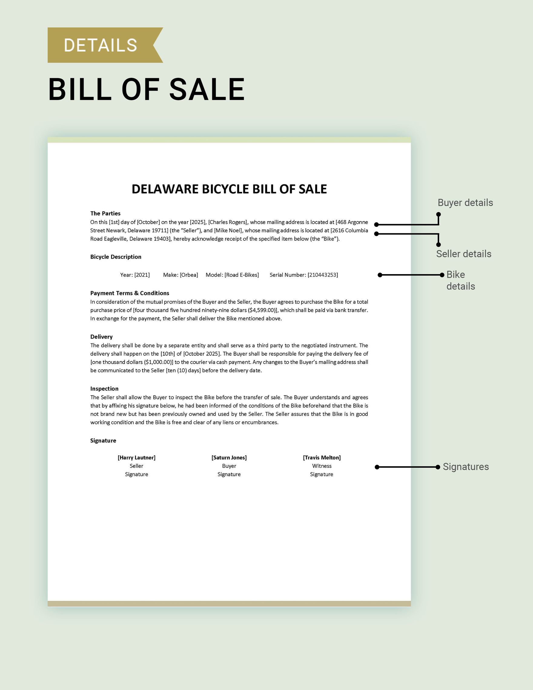 Delaware Bike/ Bicycle Bill of Sale Template