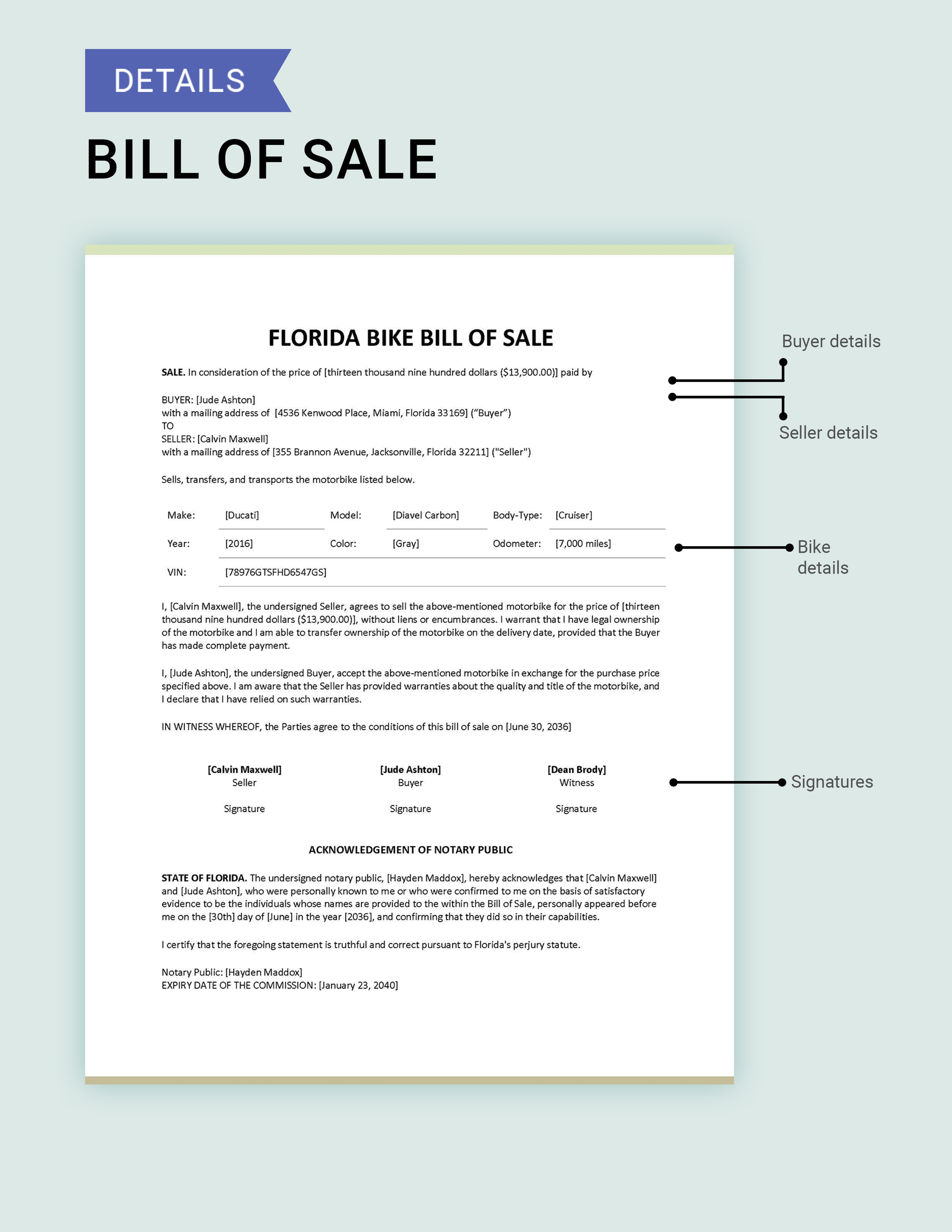 Florida Bike/ Bicycle Bill of Sale Template