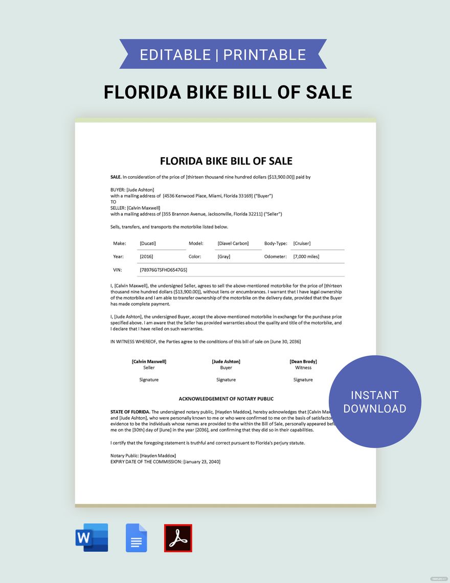 Florida Bike/ Bicycle Bill of Sale Template in Word, Google Docs, PDF