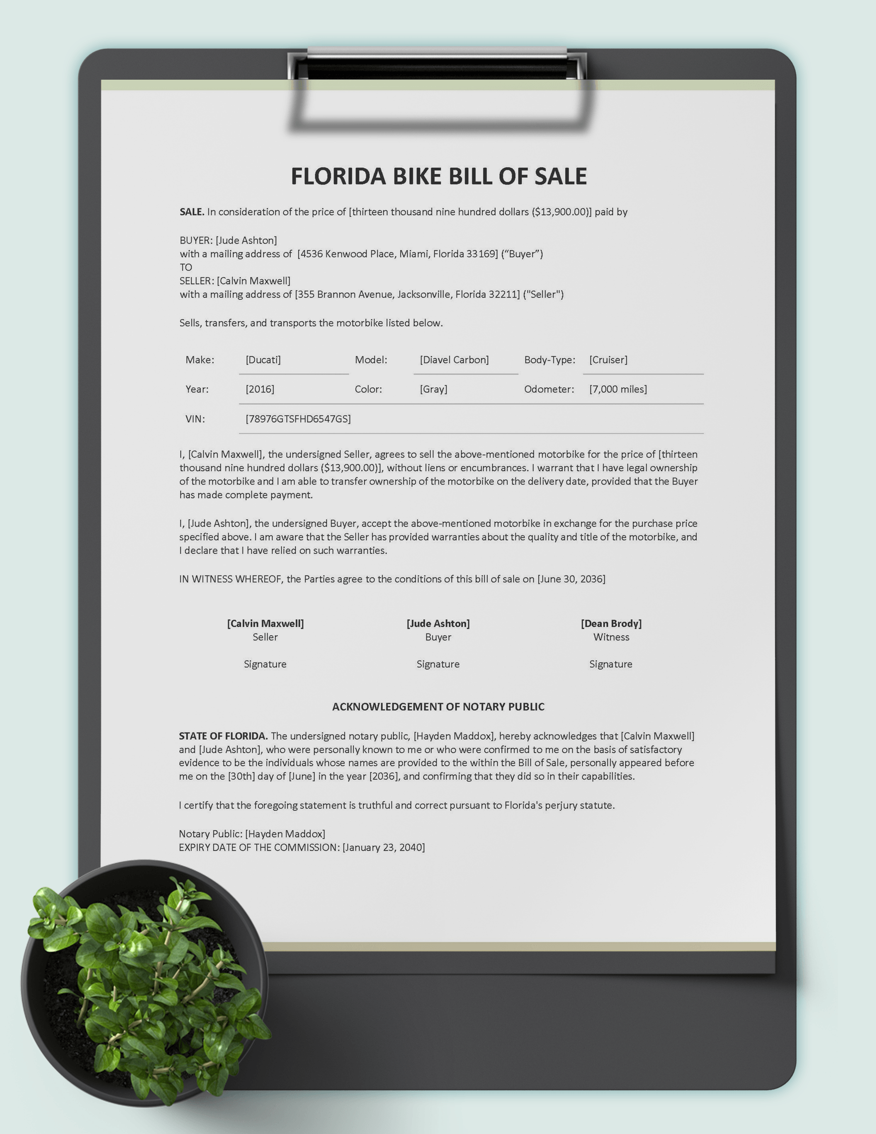 Florida Bike/ Bicycle Bill of Sale Template