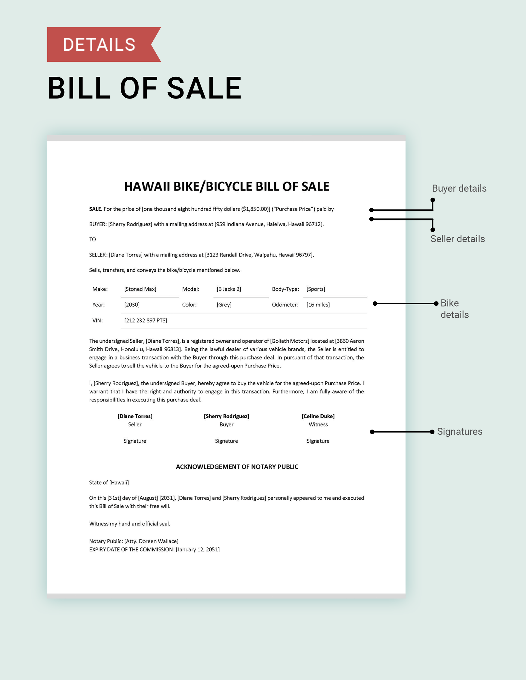 Hawaii Bike/ Bicycle Bill of Sale Template