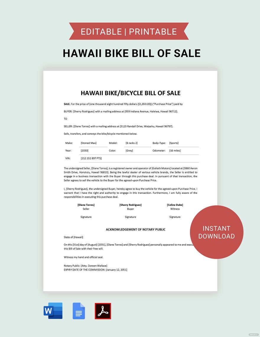 Hawaii Bike/ Bicycle Bill of Sale Template in Word, Google Docs, PDF