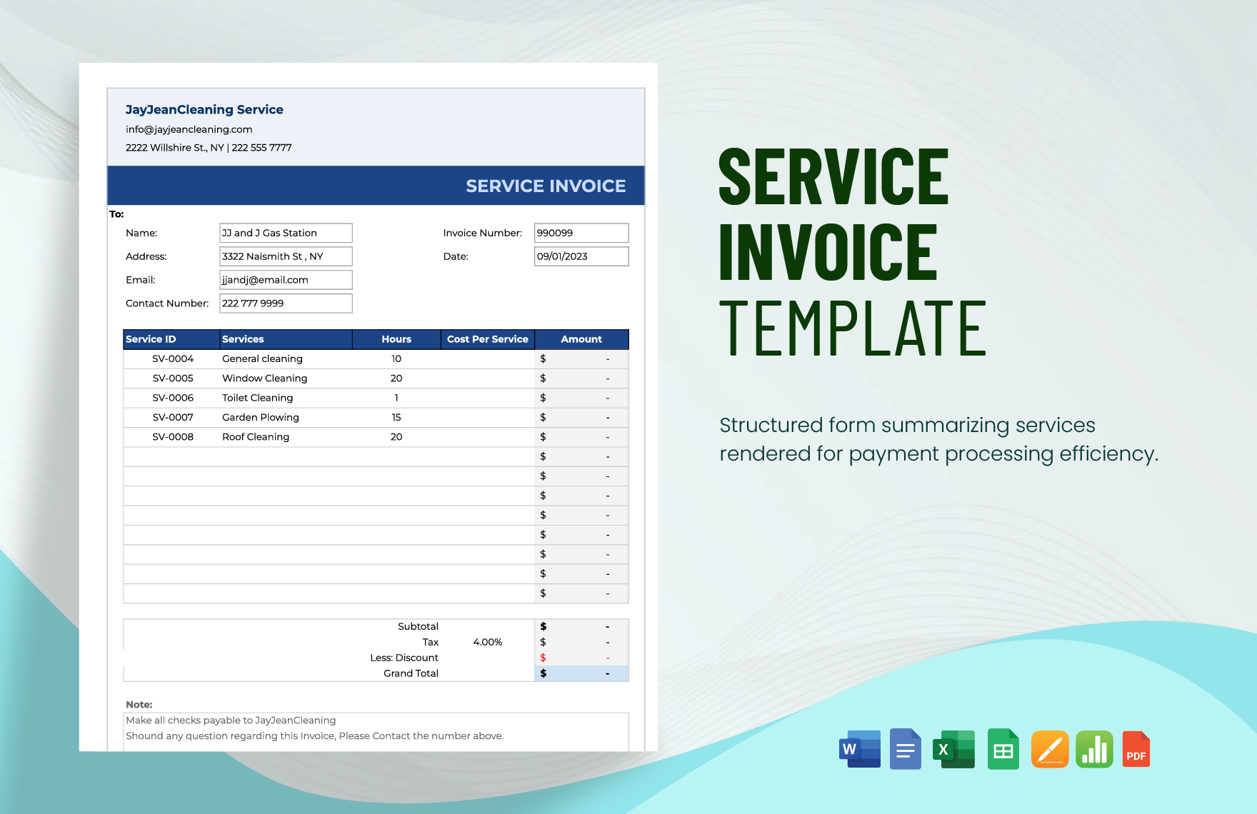 Service Invoice Template in Word, Google Docs, Excel, PDF, Google Sheets, Apple Pages, Apple Numbers