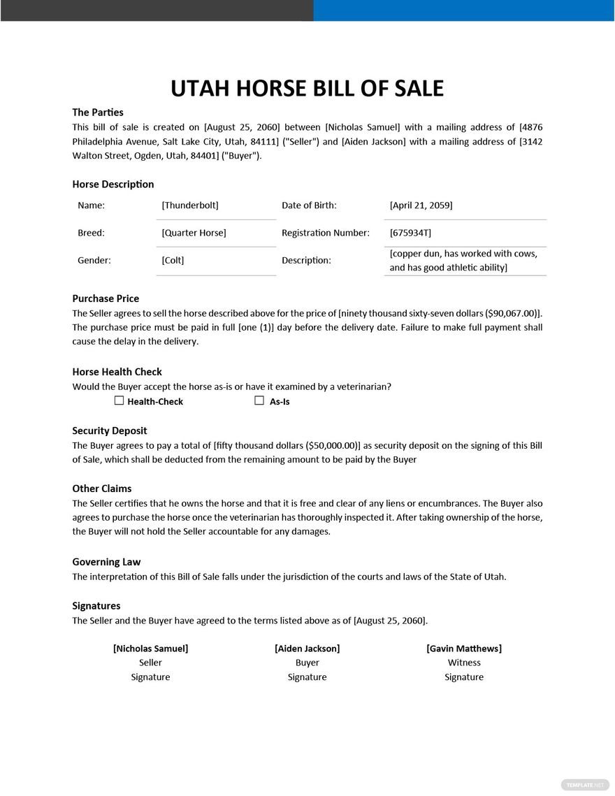 Utah Horse Bill of Sale Template in Word, Google Docs, PDF