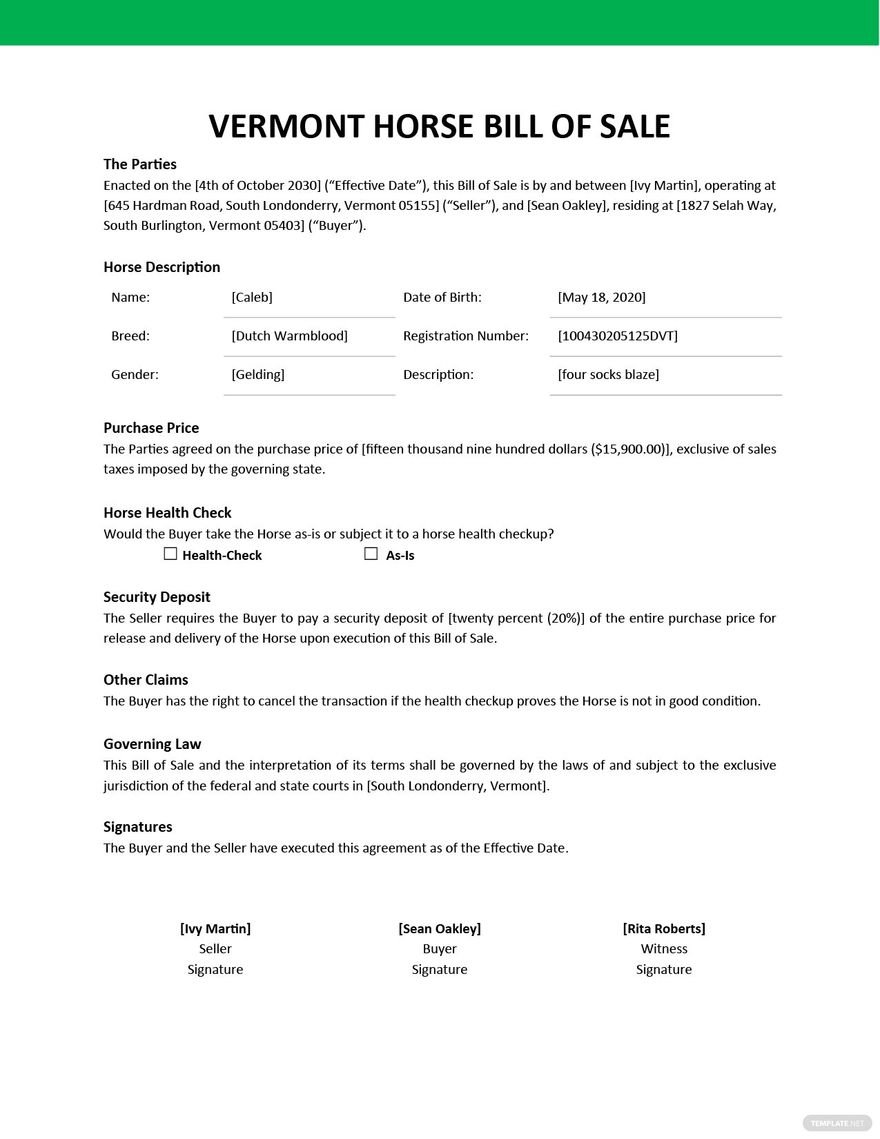Vermont Horse Bill of Sale Template