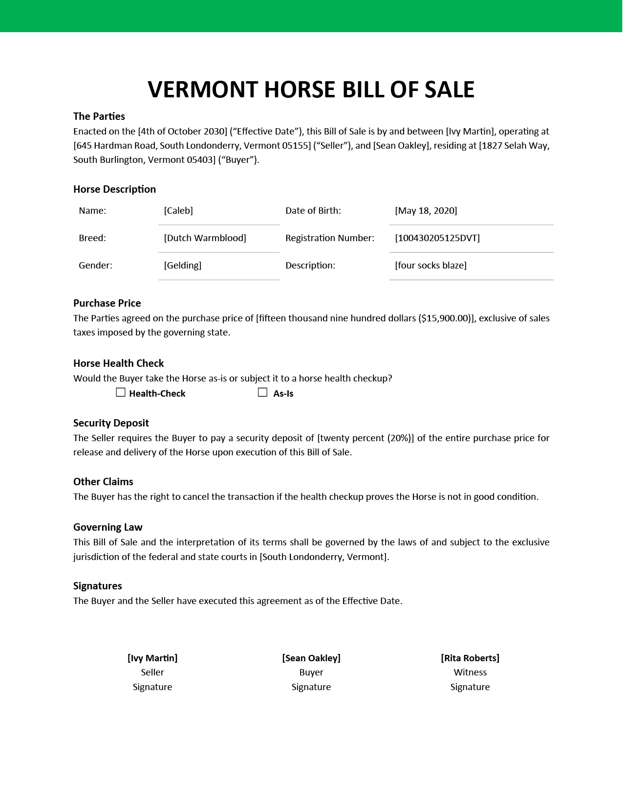 Vermont Horse Bill of Sale Template