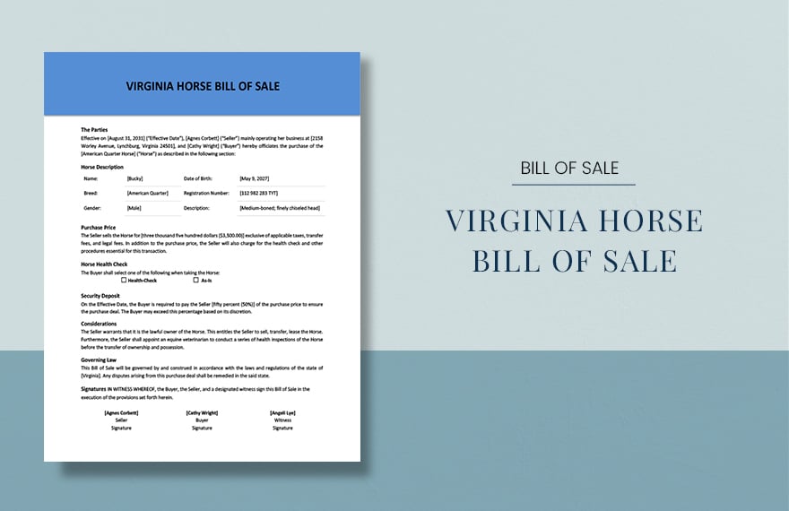 Virginia Horse Bill of Sale Template in Word, Google Docs, PDF