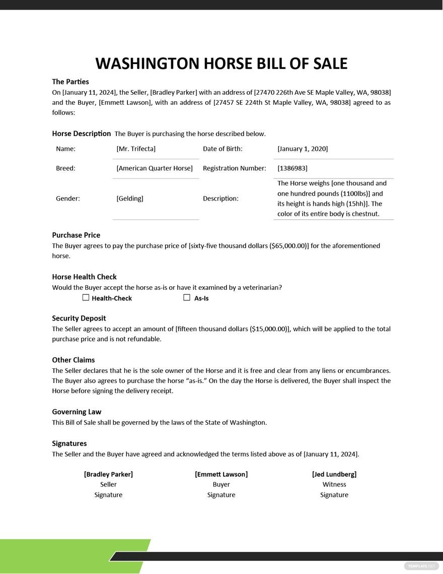 Washington Horse Bill of Sale Template