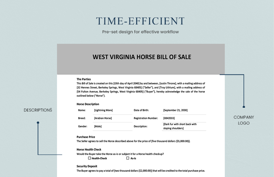 West Virginia Horse Bill of Sale Form Template