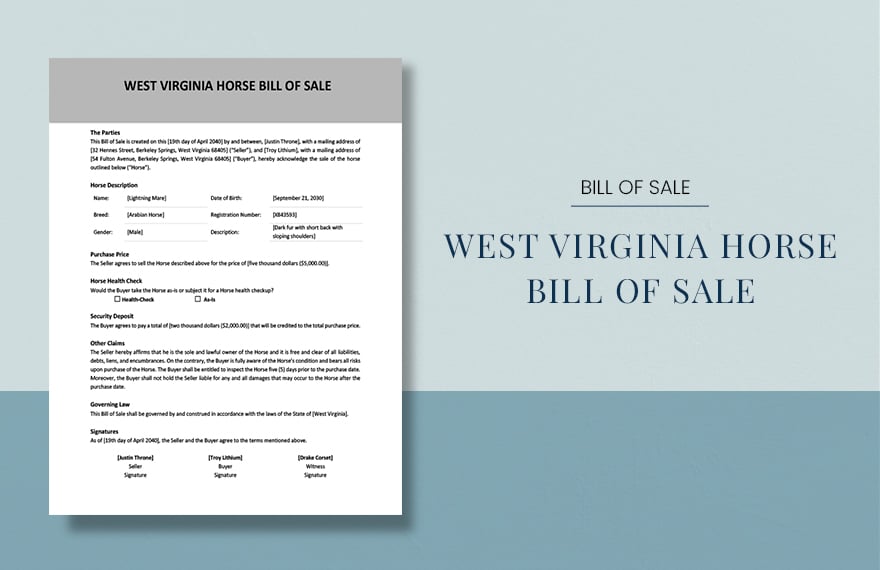 Free West Virginia Horse Bill of Sale Form Template in Word, Google Docs, PDF