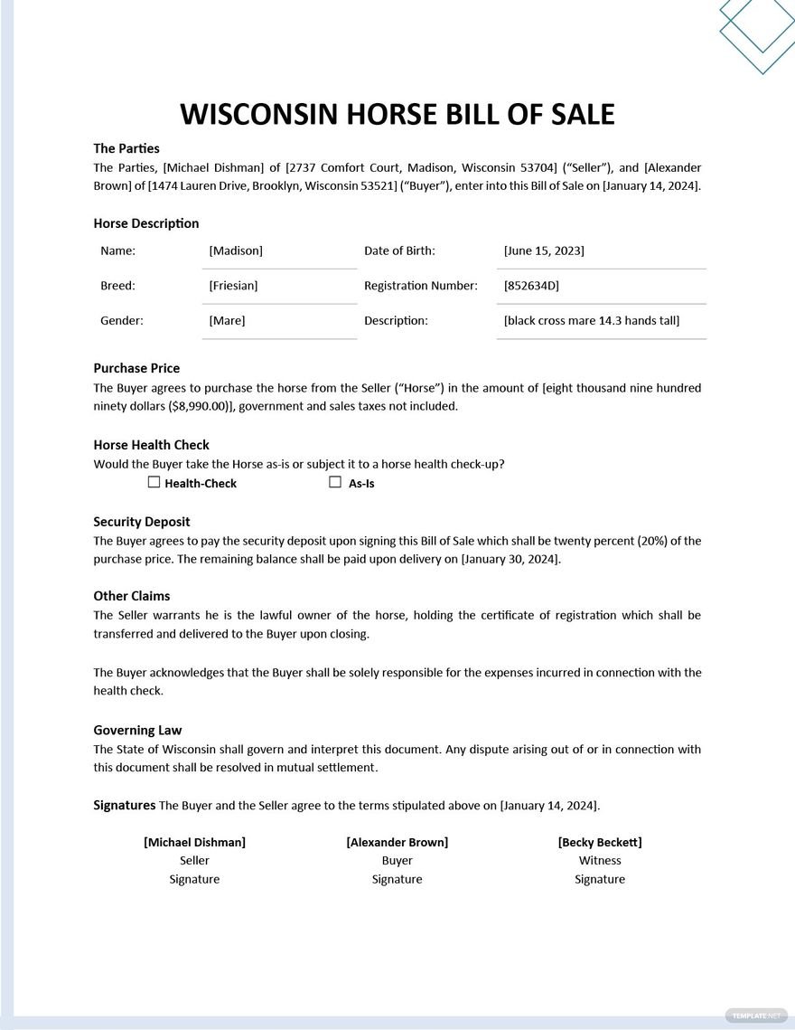 Wisconsin Horse Bill of Sale Template