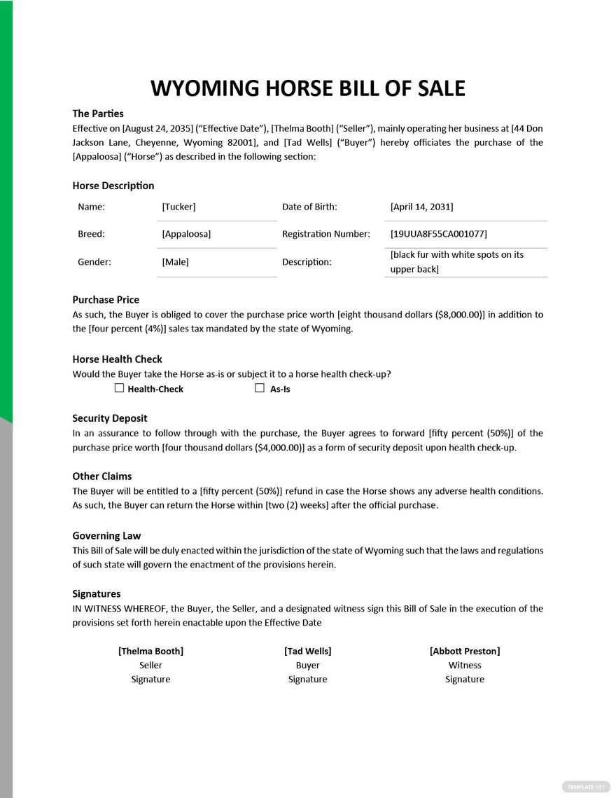 Wyoming Horse Bill of Sale Template