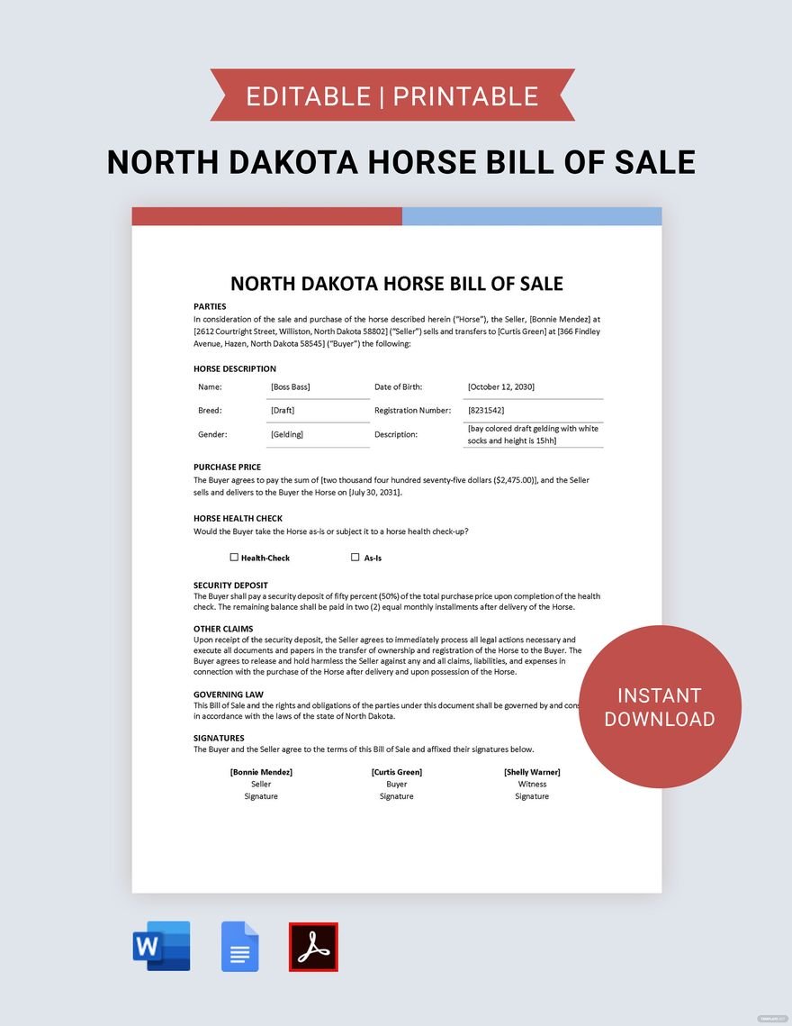 North Dakota Horse Bill of Sale Template in Word, Google Docs, PDF