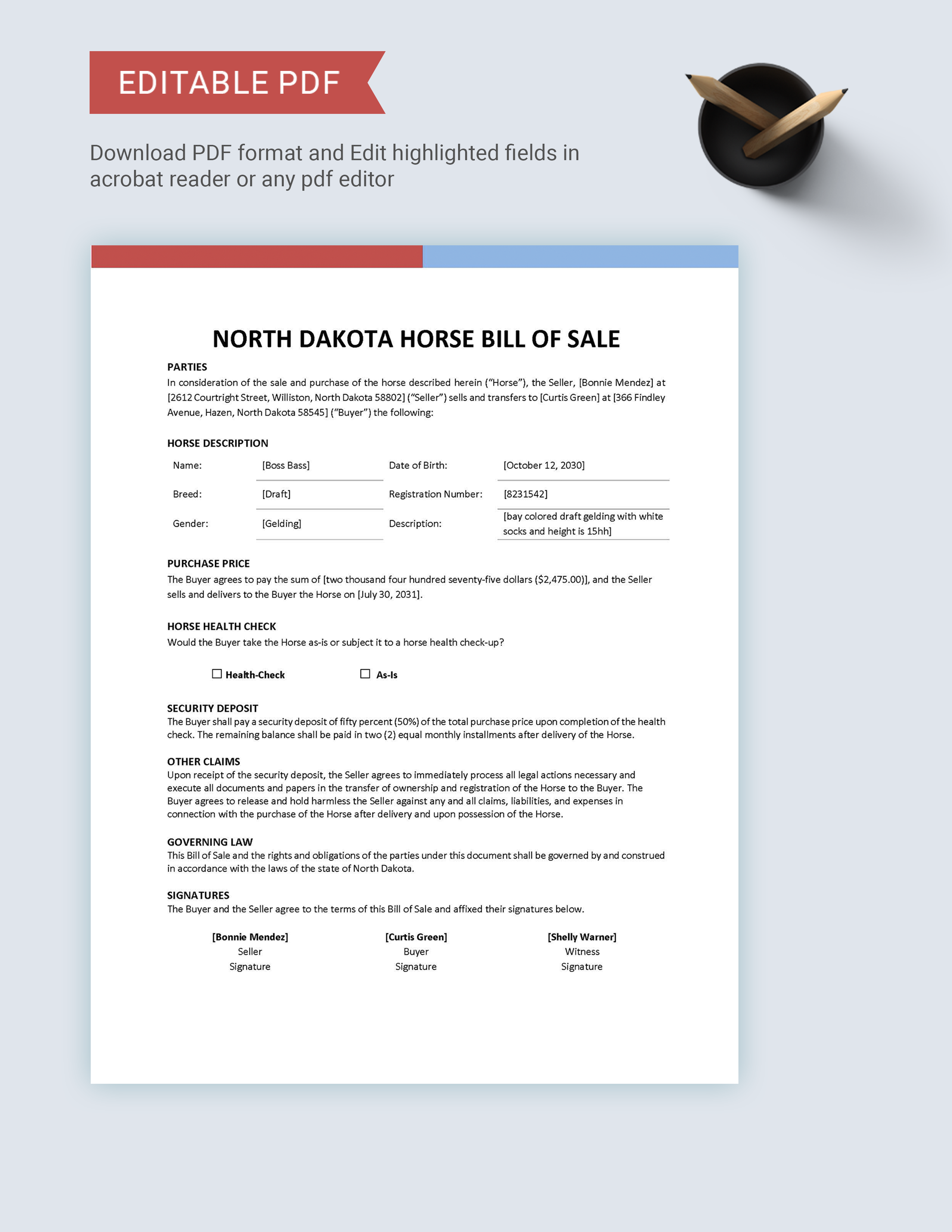 North Dakota Horse Bill of Sale Template