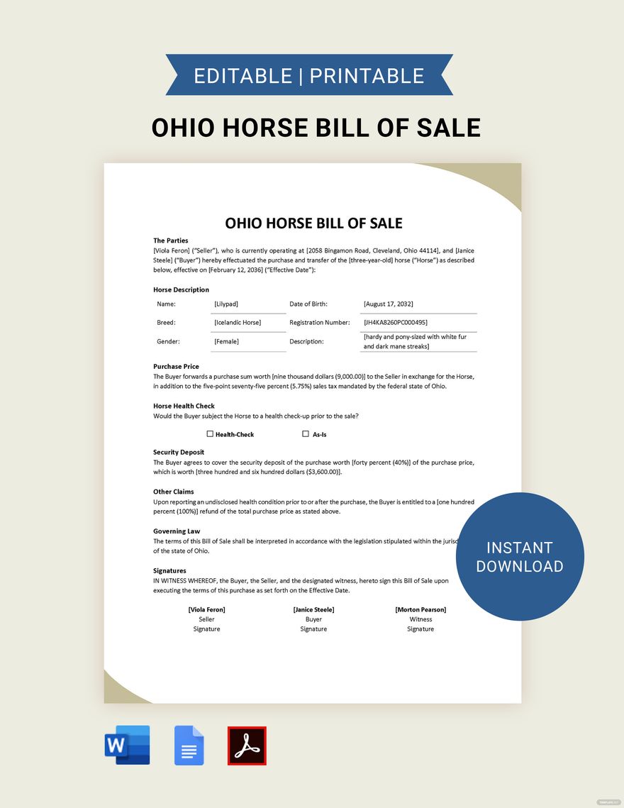 Ohio Horse Bill of Sale Template in Word, Google Docs, PDF