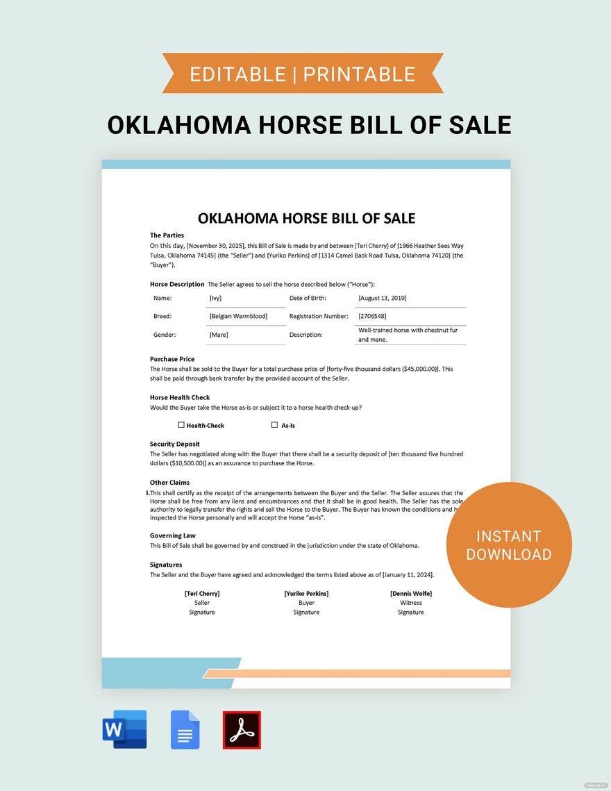 Oklahoma Horse Bill of Sale Template
