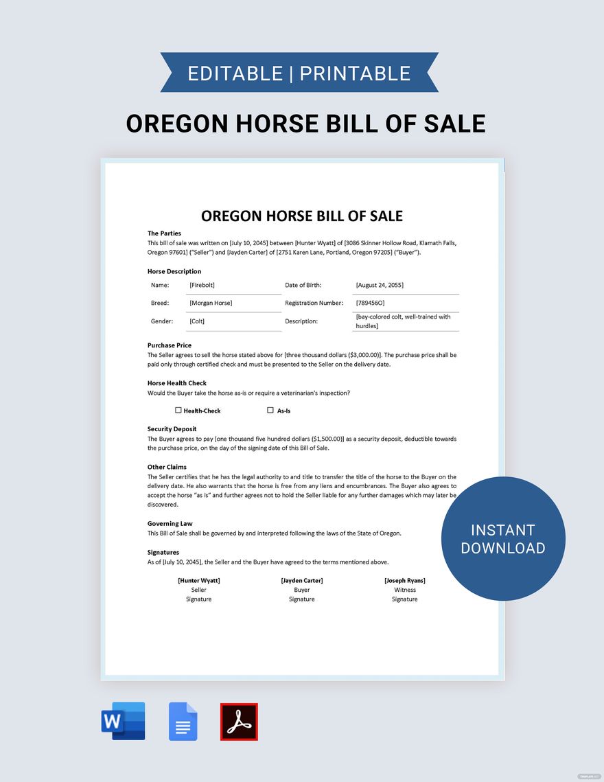 Oregon Horse Bill of Sale Template