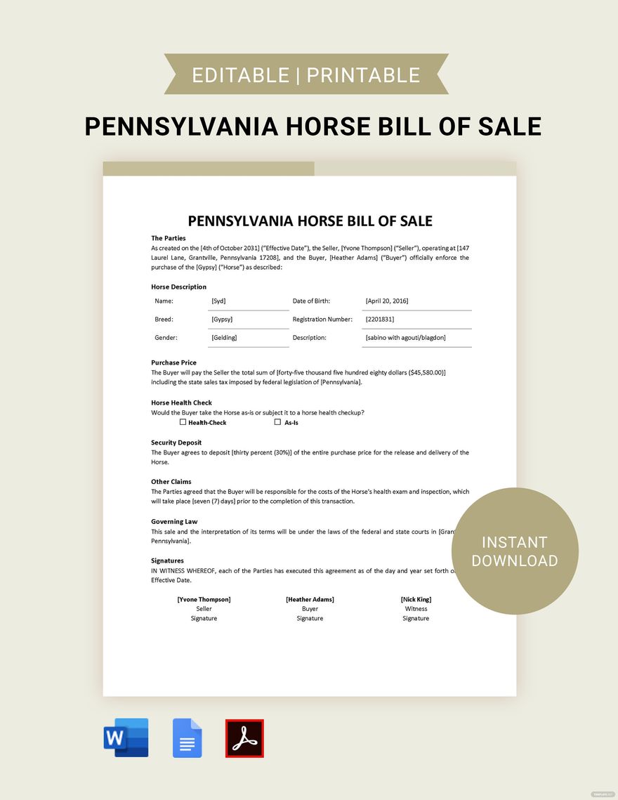 Pennsylvania Horse Bill of Sale Template in Word, Google Docs, PDF