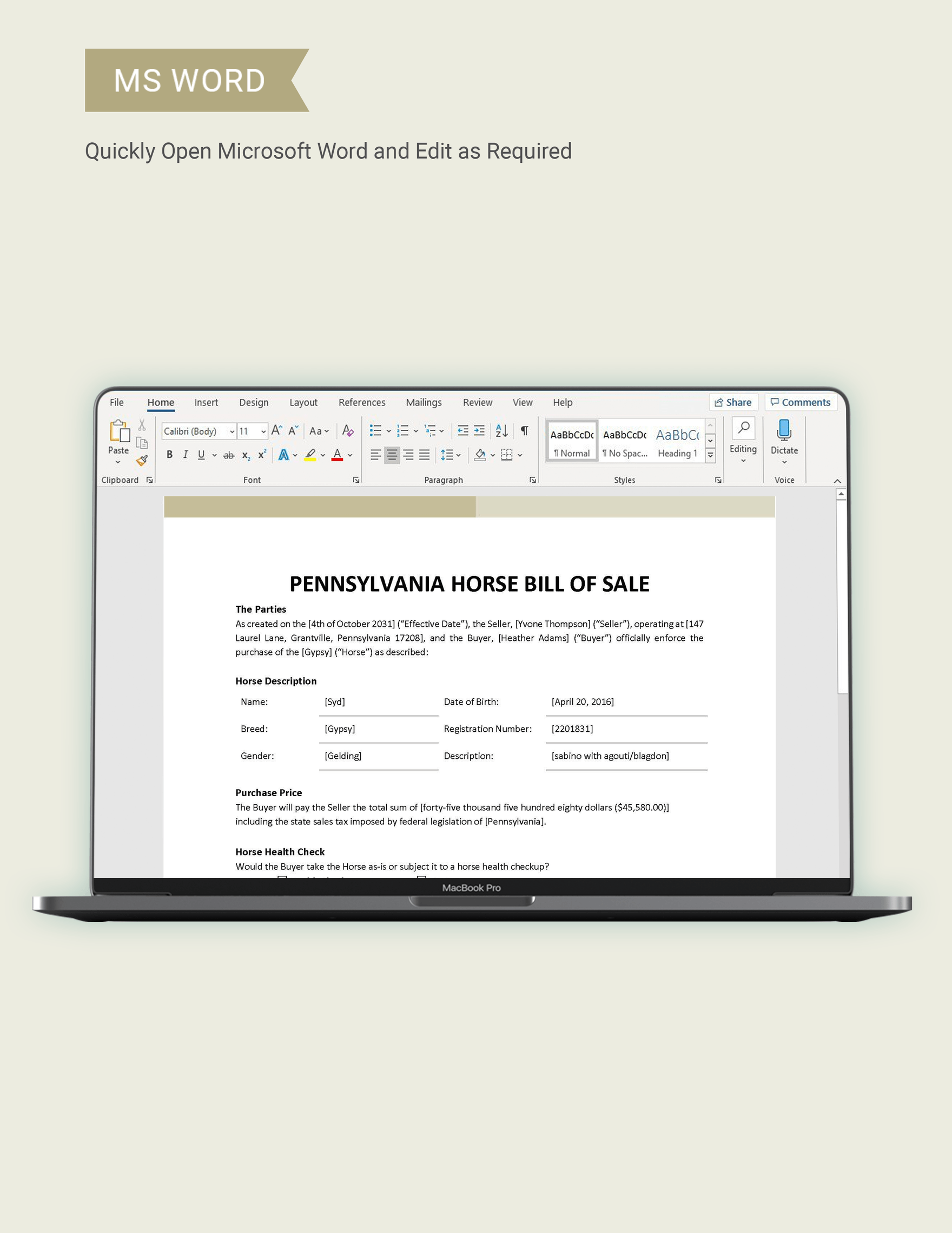 Pennsylvania Horse Bill of Sale Template