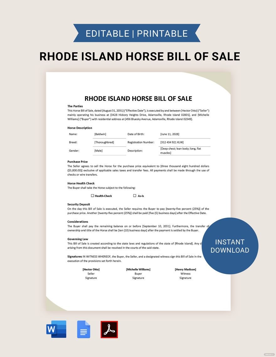 Rhode Island Horse Bill of Sale Template in Word, Google Docs, PDF