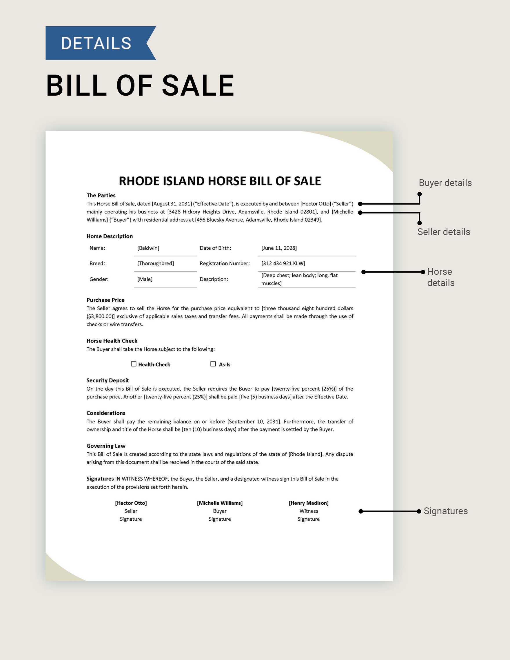 Rhode Island Horse Bill of Sale Template