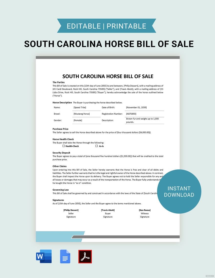South Carolina Horse Bill of Sale Template in Word, Google Docs, PDF