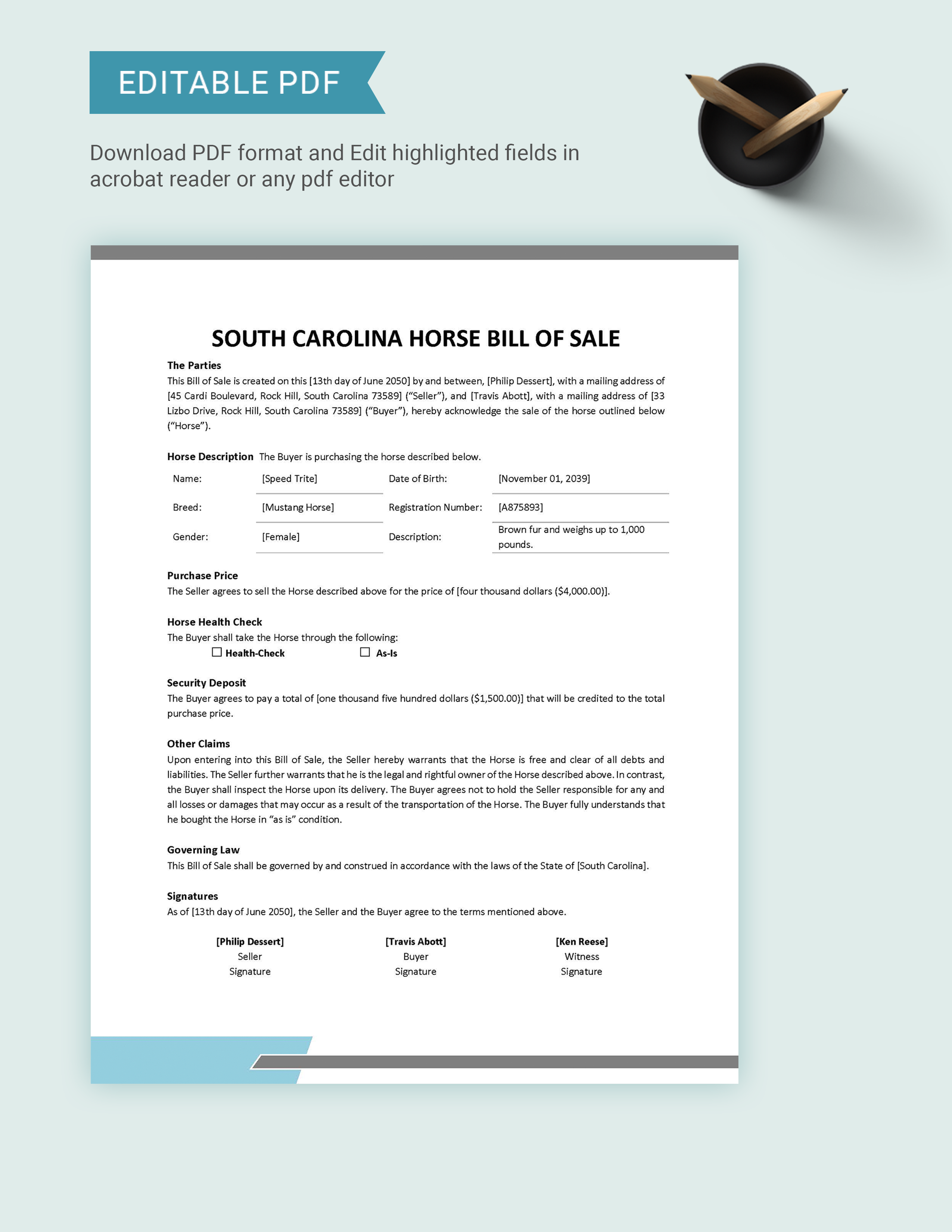 South Carolina Horse Bill of Sale Template