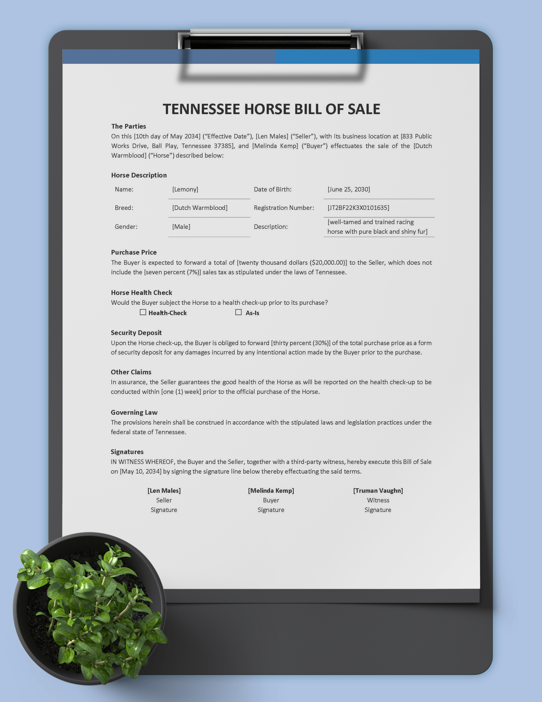 Tennessee Horse Bill of Sale Template