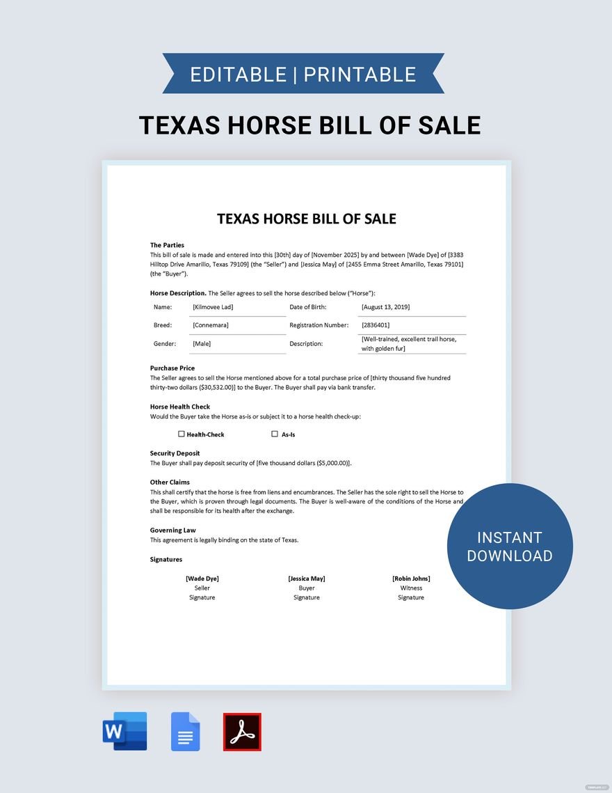 Texas Horse Bill of Sale Template in Word, Google Docs, PDF