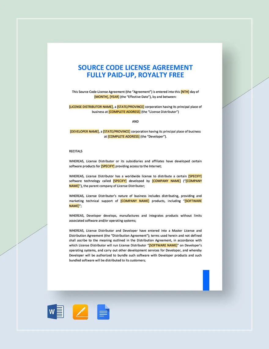 Source Code License Agreement Fully Paid-Up, Royalty Template