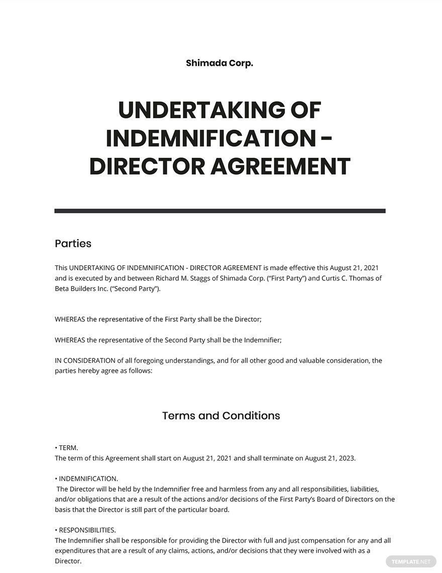 Undertaking of Indemnification Director Template
