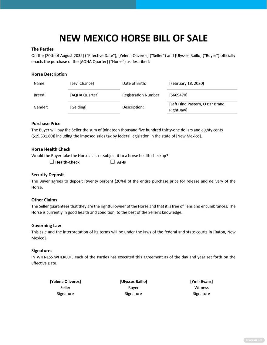 New Mexico Horse Bill of Sale Template