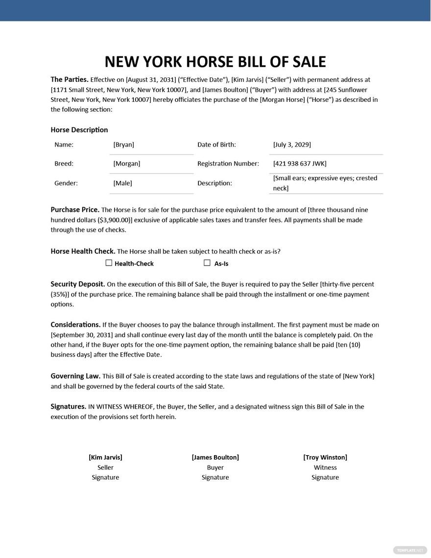 New York Horse Bill of Sale Template